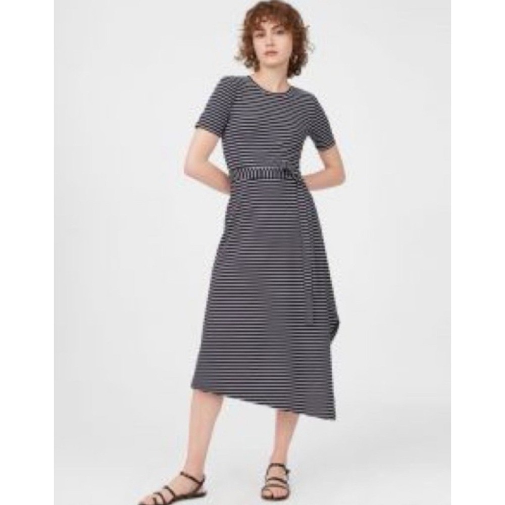 Club Monaco Women's Navy Striped Dress A-Line Asymmetrical Hem Belted Small $150